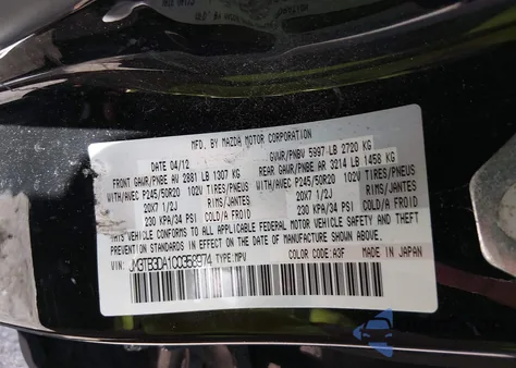 2012 Mazda Cx-9 Grand Touring z USA, uszkodzony, nr VIN JM3TB3DA1C0358974